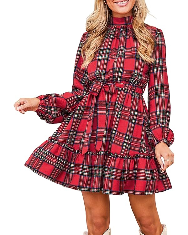 CUPSHE Women's Mini Dress High Neck Plaid Long Sleeve Belted Ruffled Hem Short Dresses | Amazon (US)