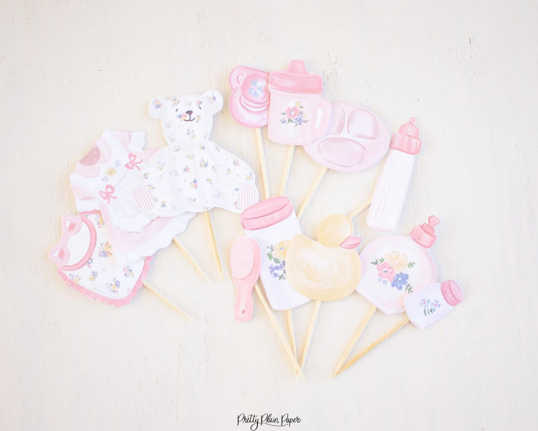 Baby Doll Birthday or Baby Shower Cupcake Toppers | Printable Download | Watercolor Baby Doll Acc... | Etsy (US)