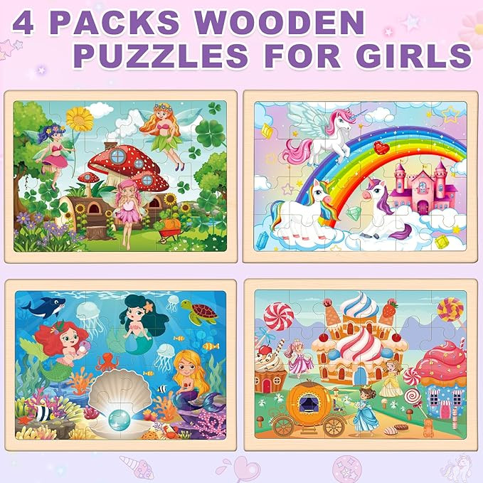 Puzzles for Kids Ages 4-6, 4 Packs Wooden Jigsaw Puzzles for Toddlers 2-4, Princess Unicorn Merma... | Amazon (US)