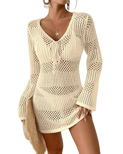 Bsubseach Women Swimsuit Crochet Coverup Long Sleeve V Neck Beach Knit Bathing Suits Cover Ups Mesh Bikini Hollow Out Dress Apricot S | Amazon (US)