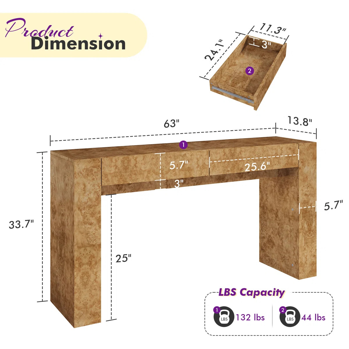 Dorne 63" Modern High Gloss Burl Wood Console Table with 2 Drawers, for Entryway/Living Room, Yel... | Wayfair North America