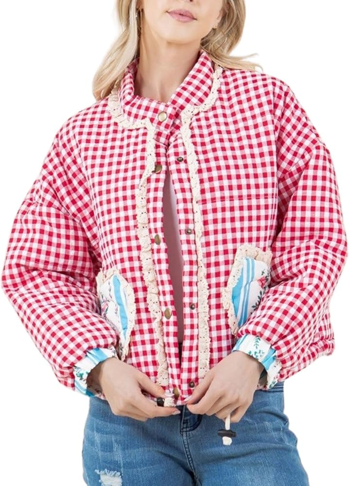 Womens Plaid Heart Pocket Jacket Snap Button Cropped Puffer Jacket Winter Gingham Heart Jacket Co... | Amazon (US)
