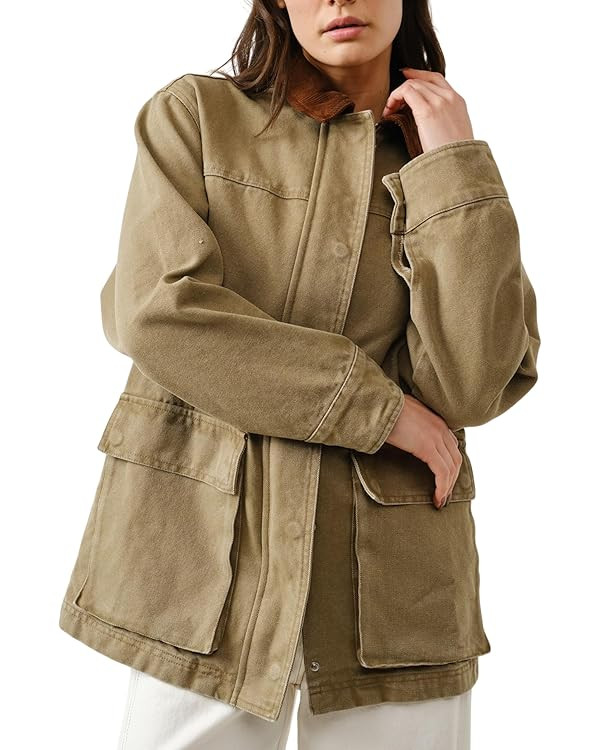 Esmeling Women Front Button Jacket Long Sleeve Contrast Collar Outwear Full Zipper Jacket with Po... | Amazon (US)