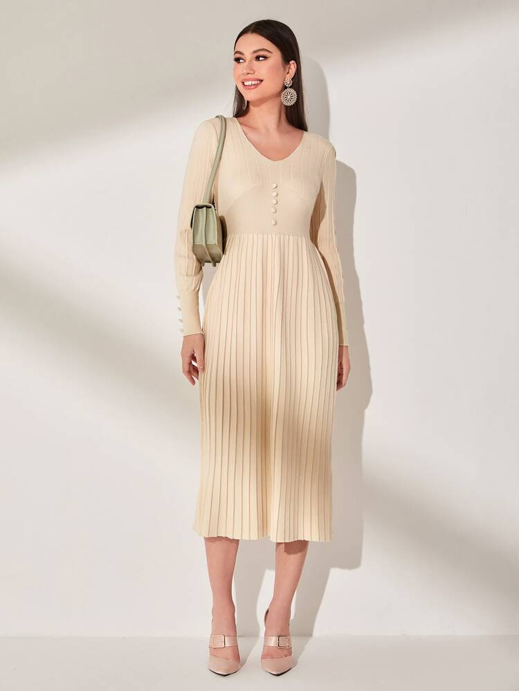 Button Front Pleated Sweater Dress | SHEIN