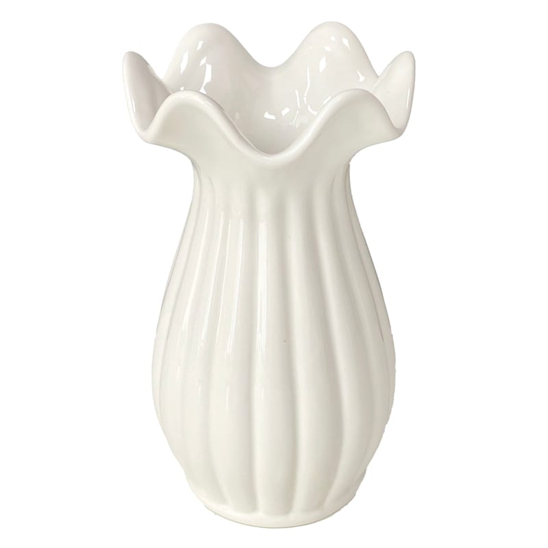 White Ribbed Pie Crust Rim Ceramic Vase, 10" | At Home