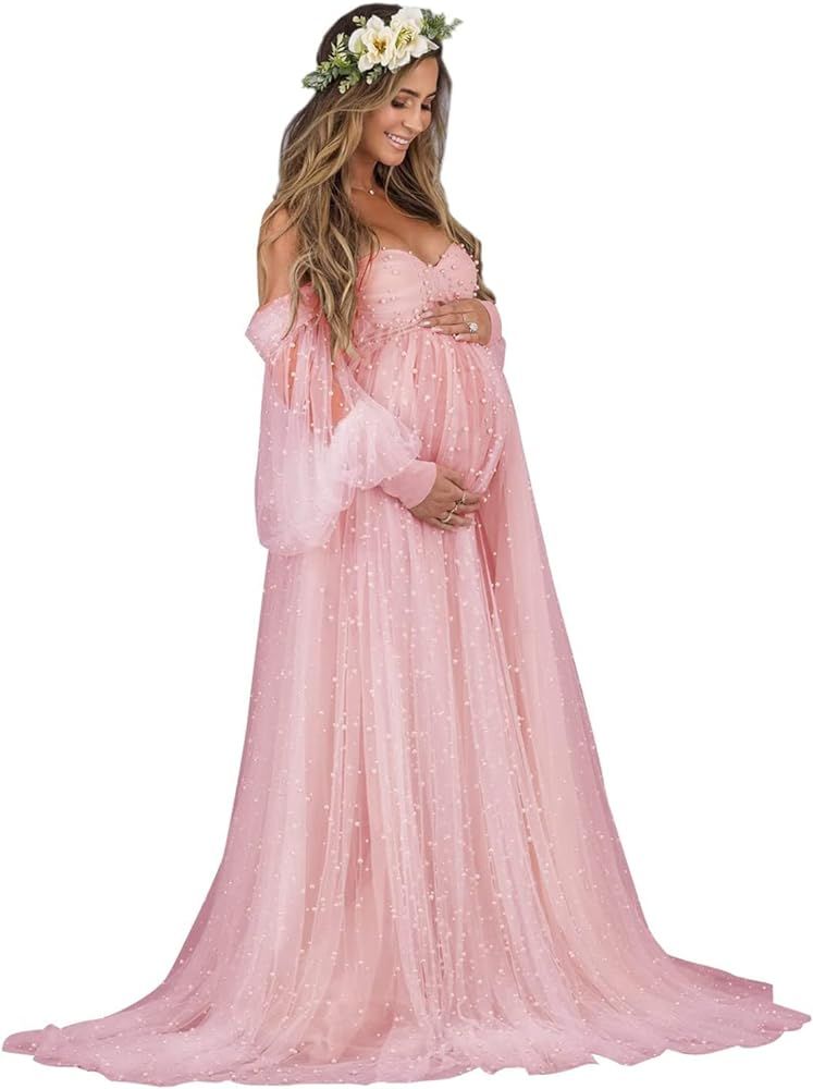 Molisa Women's Pearl Tulle Maternity Dress for Photoshoot Long Puffy Sleeve Off Shoulder Babyshower  | Amazon (US)