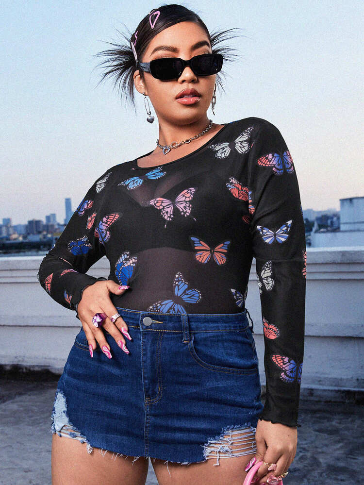 Plus Butterfly Print Mesh Top Without Bra | SHEIN