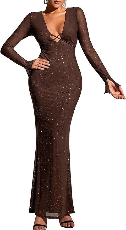 KUTUMAI Women Sexy V Neck Sequin Long Sleeve Bodycon Maxi Dress Sparkly Ruched Gown Evening Forma... | Amazon (US)