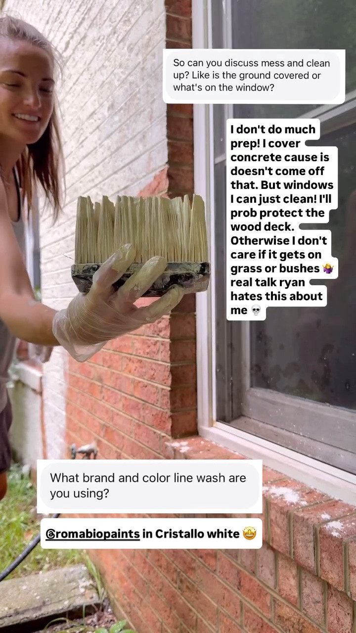@romabiopaints in Cristallo white 🤩 I don't do much prep! I cover concrete cause is doesn't come off that. But windows I can just clean! I'll prob protect the wood deck.
Otherwise I don't care if it gets on grass or bushes 🤷‍♀️ real talk ryan hates this about me 💀