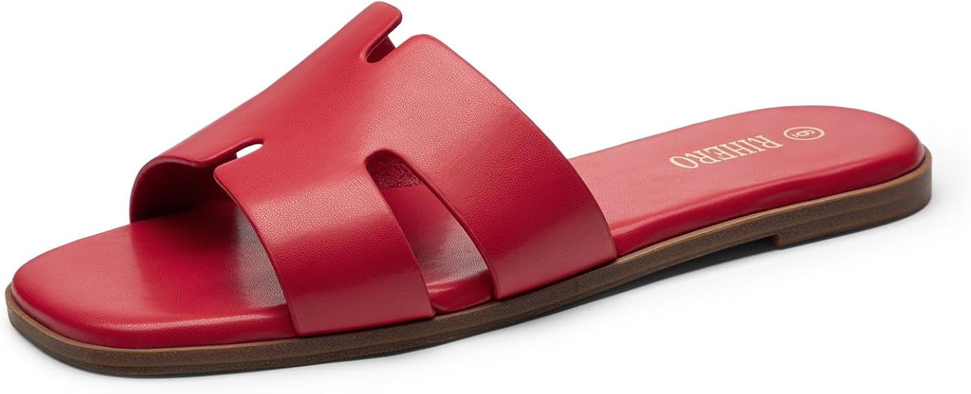Rihero Flat Sandals Women Dressy Comfortable Slip On Leather Slide Sandals | PU / Raffia Clear Kn... | Amazon (US)