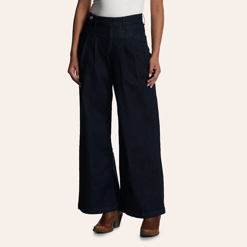 Sneak Peek Women's Dark Wash Super Wide Leg Offset Button Pleated Jeans | Cavender's