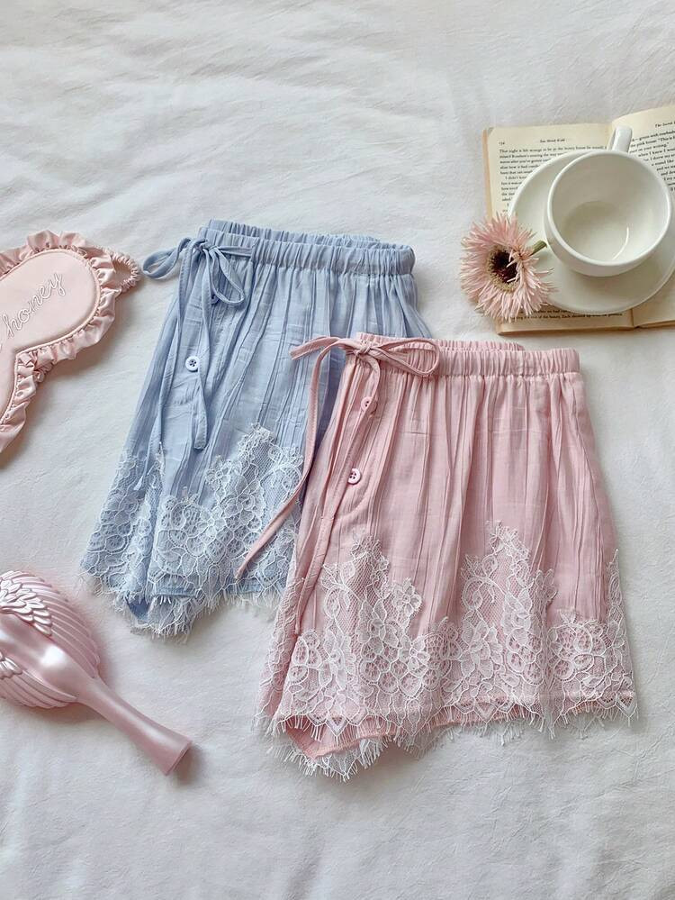 Comfortcana 2pcs Women's Summer Casual Lace Patchwork Shorts Shorts Set Ruffle Shorts Lace Shorts... | SHEIN