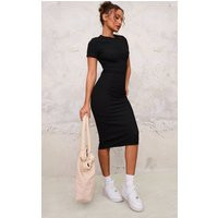 Petite Black Ribbed Short Sleeve Crew Neck Midi Dress | PrettyLittleThing US