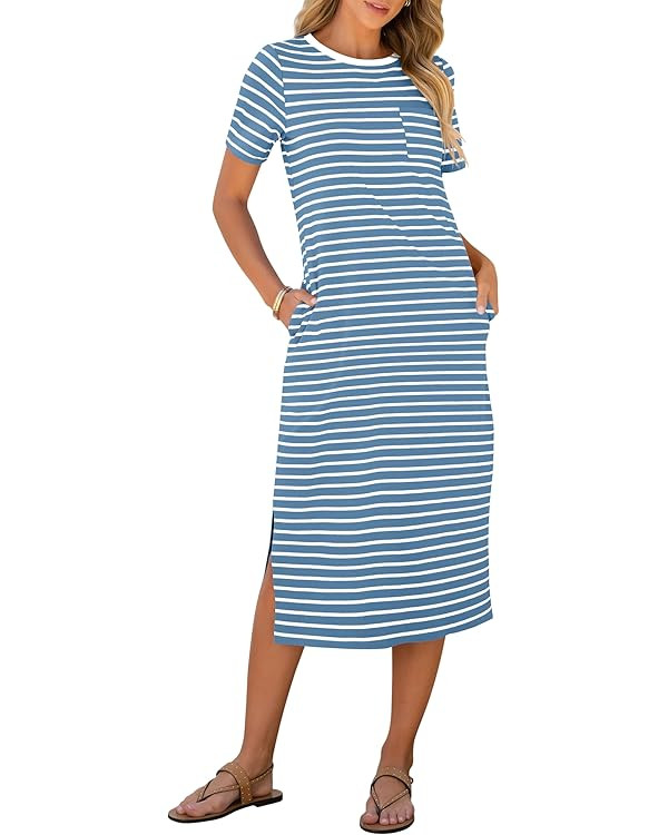 ANRABESS Womens Summer Casual Midi Dress Short Sleeve Crewneck T Shirt Long Dresses Split Stripe ... | Amazon (US)