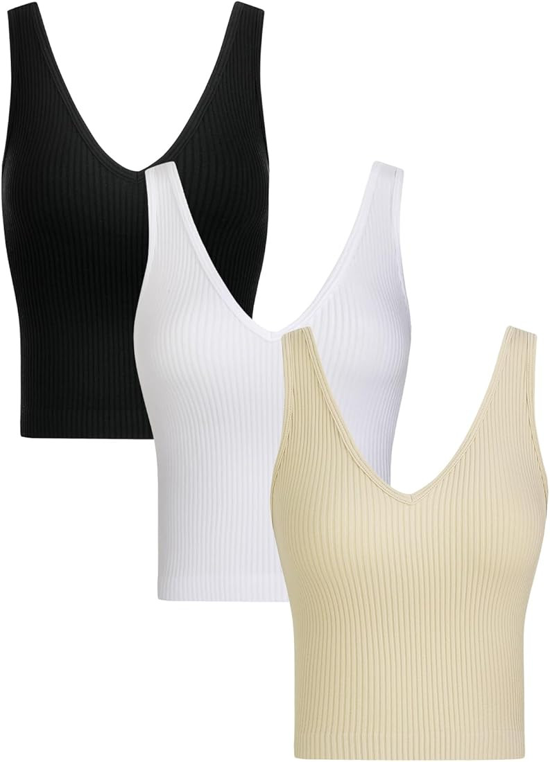 lemonsky Ribbed Tank Tops for Women, V-Neck Seamless Stretchy Camisole Tank Tops | Amazon (US)