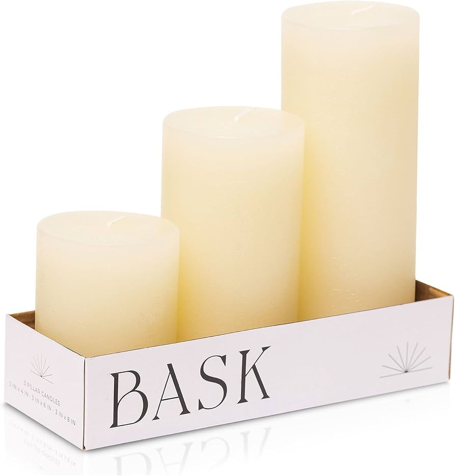BASK Mottled Pillar Candles - Unscented Ivory Pillar Candles Set of 3 - Dripless, Smokeless for A... | Amazon (US)