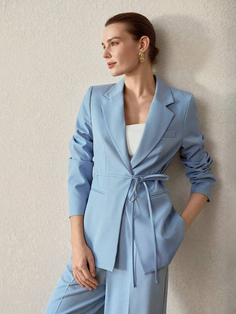 MOTF PREMIUM WOMEN'S SOLID COLOR TIE WAIST CINCHED ELEGANT OFFICE BLAZER | SHEIN