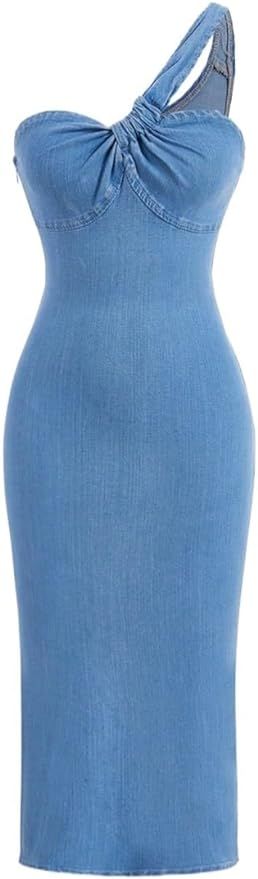 Women's Summer Casual Sleeveless Dresses Blue Asymmetrical One Shoulder Front Denim Dress | Amazon (US)