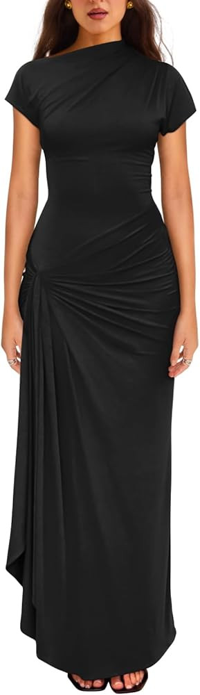 YMDUCH Women's Casual Short Sleeve Boat Neck Ruched High Split Bodycon Long Party Dress | Amazon (US)