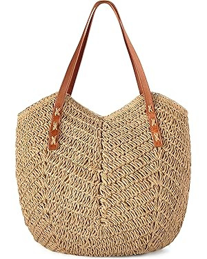 Beach Bags for Women - Straw Bag with Zipper, Soft Woven beach bag, Casual Straw Shoulder Bag for... | Amazon (US)