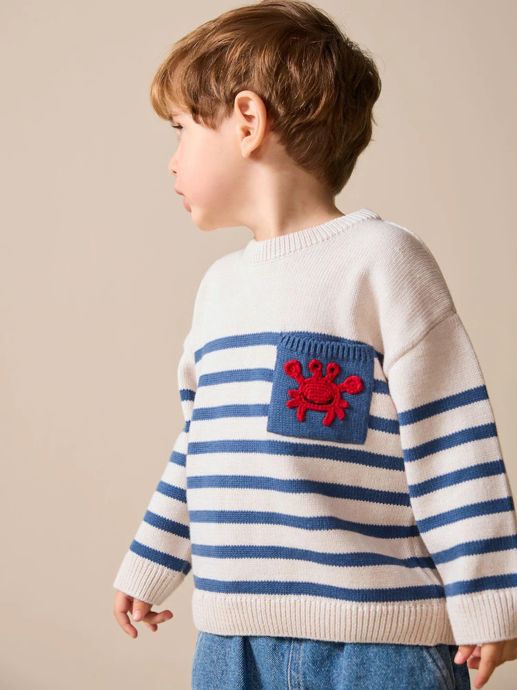 Ecru/Navy Blue Crab Character Knitted Crew Neck Jumper (3mths-7yrs) | Next US
