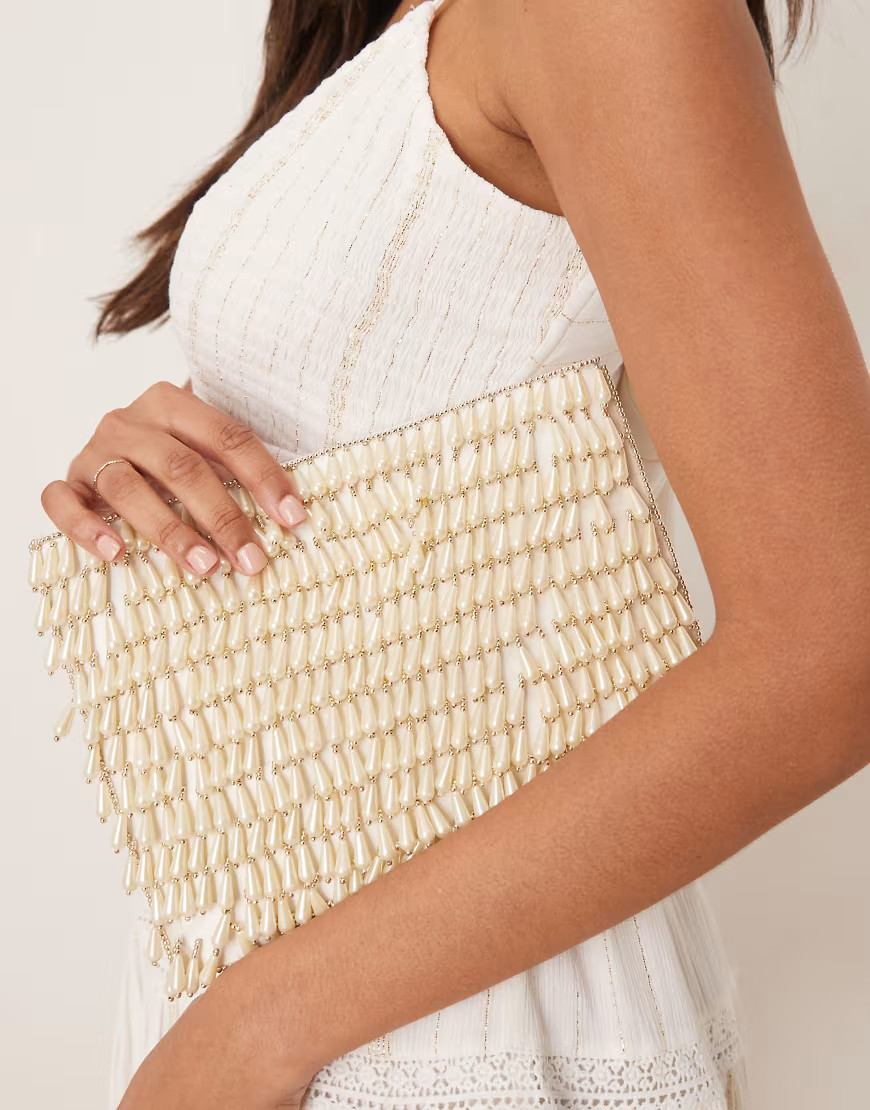 ASOS DESIGN pearl droplet zip top clutch bag in cream-White | ASOS (Global)