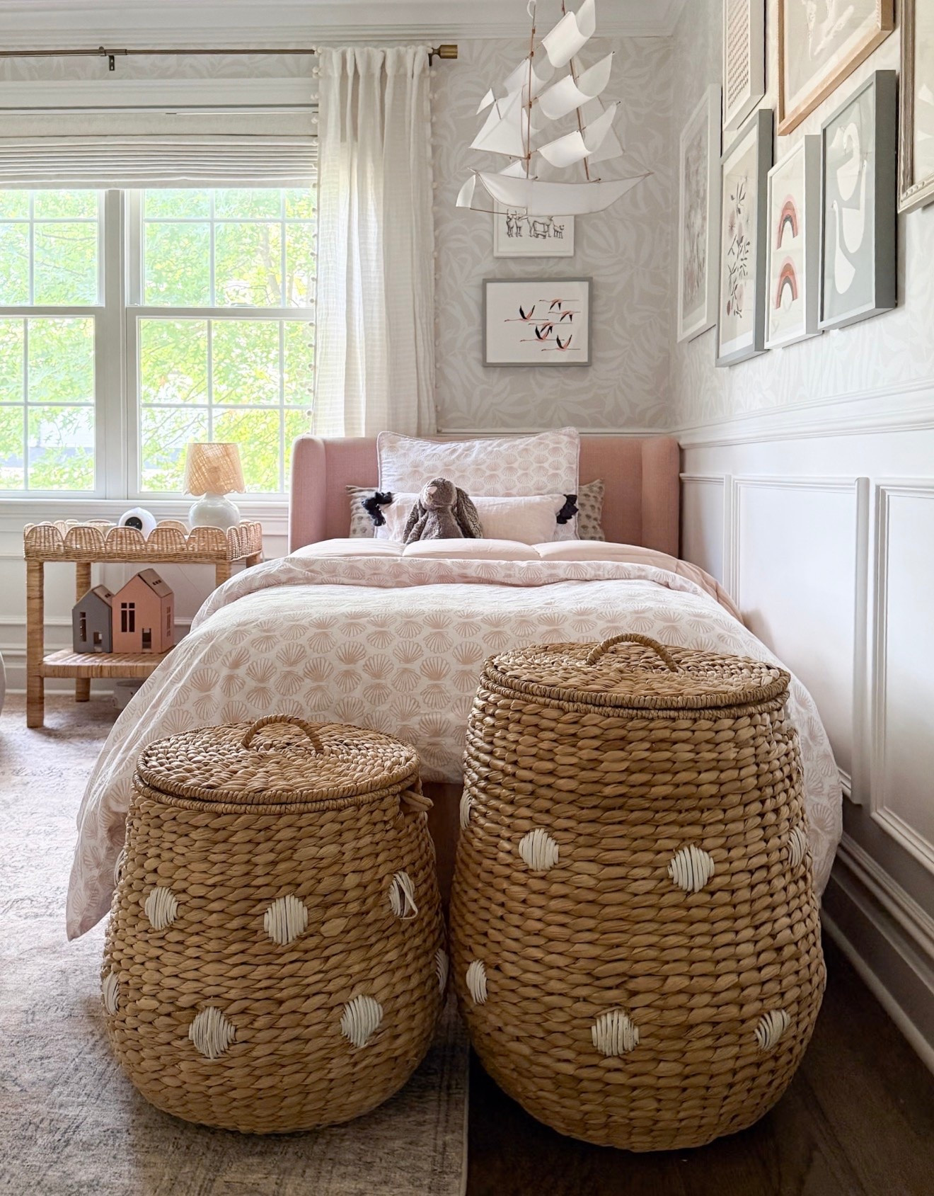 Girl’s modern coastal bedroom, gallery wall, cozy bedding, woven scalloped side table and cozy rug

#LTKmomlife #LTKKids #LTKBaby
