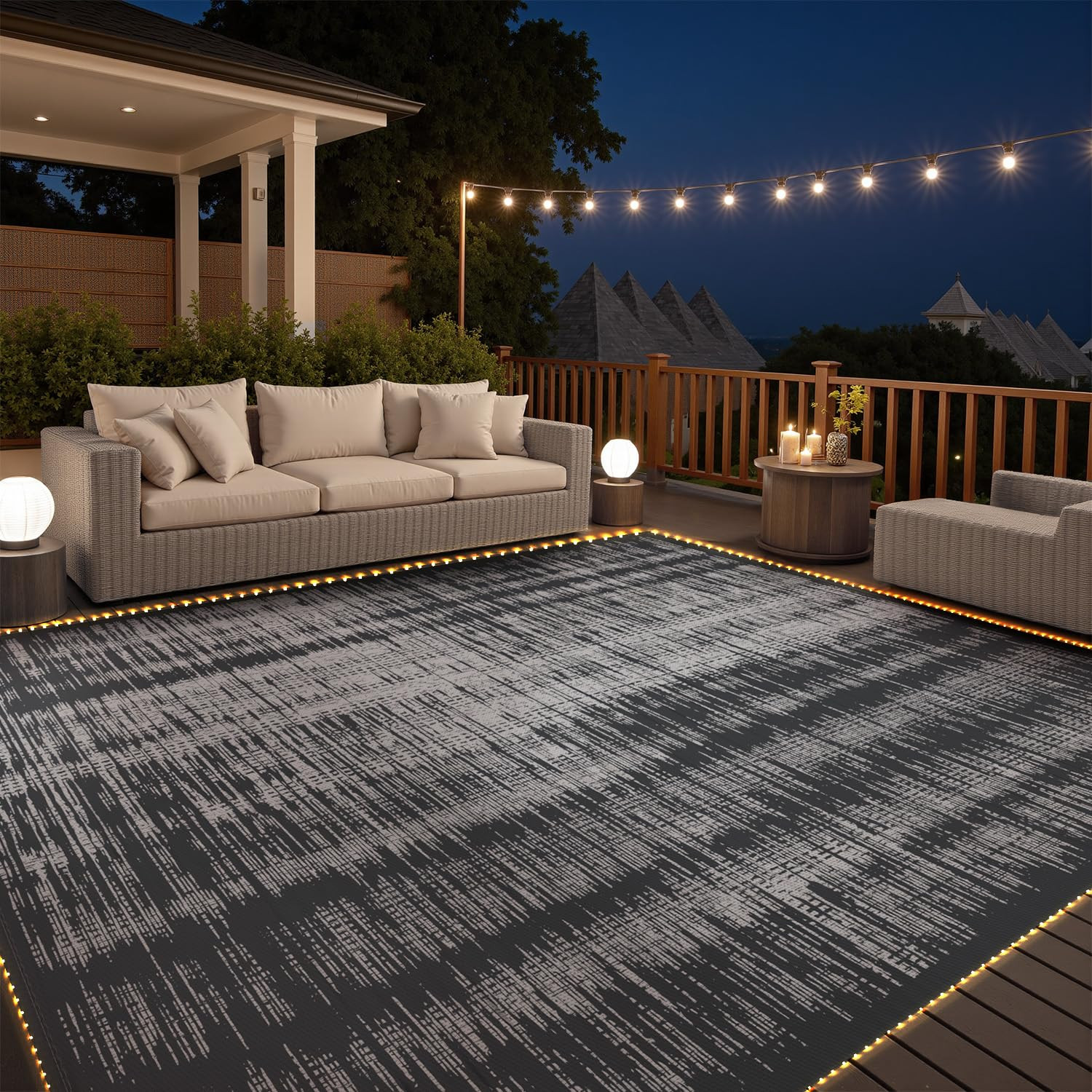 MontVoo Outdoor Rug Waterproof 6x9 ft with Strip Lights Outdoor Patio Rug Mat Reversible Plastic ... | Amazon (US)