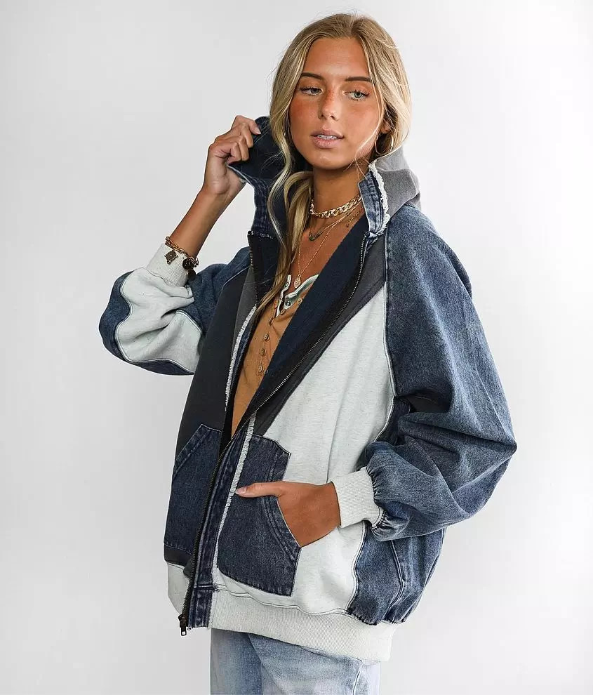 Pieced Denim Hooded Jacket | Buckle