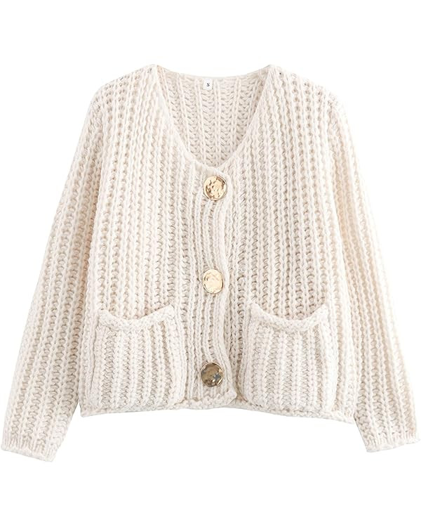 Arssm Womens Cropped Cardigan Sweaters Chunky Open Front Button Down Knit Sweater Long Sleeve Loo... | Amazon (US)