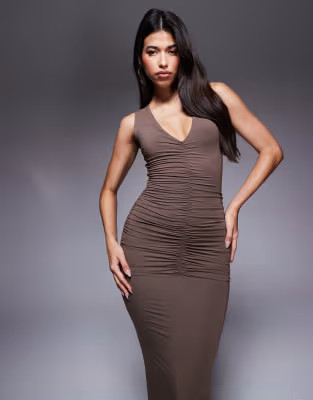 Wanderdoll Tate sculpting second skin plunge neck ruched detail sleeveless maxi dress in soft bro... | ASOS (Global)