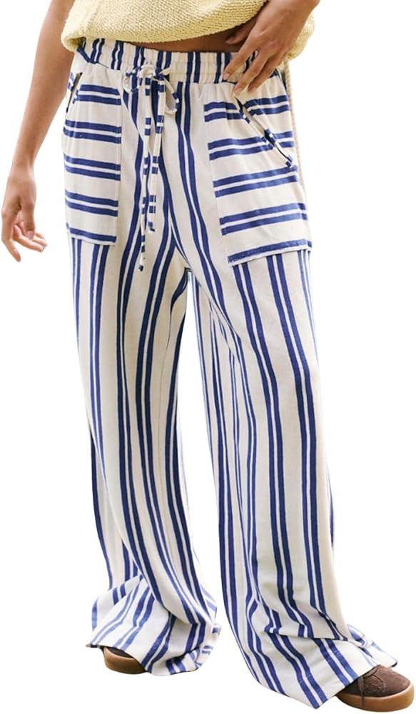 Women's Palazzo Pants Striped Wide Leg High Waist Casual Comfy Pants with Pockets | Amazon (US)