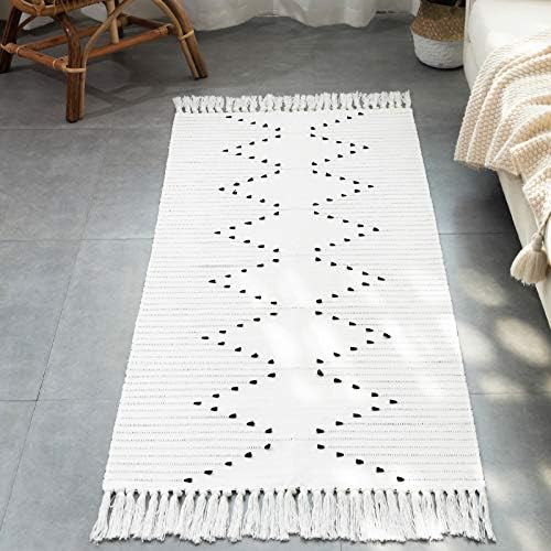 Boho Kitchen Rug Cotton Woven, Washable Bathroom Bedroom Flatweave Moroccan Small Rug with Tassel, A | Amazon (US)