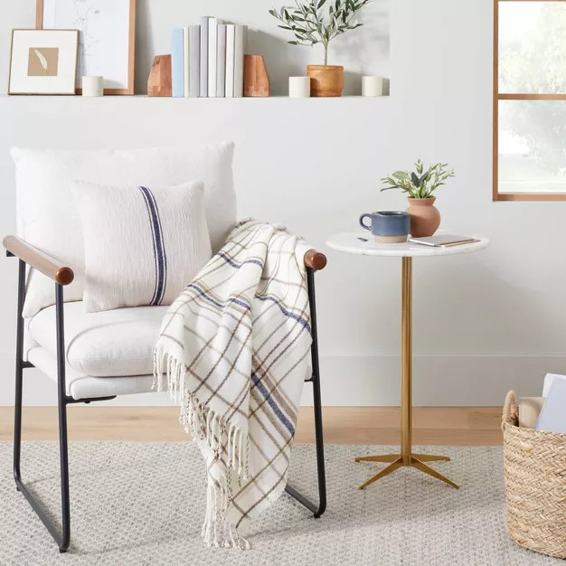 Thin Stripe Plaid with Twisted Fringe Throw Blanket Cream/Navy/Brown - Hearth & Hand™ with Magn... | Target