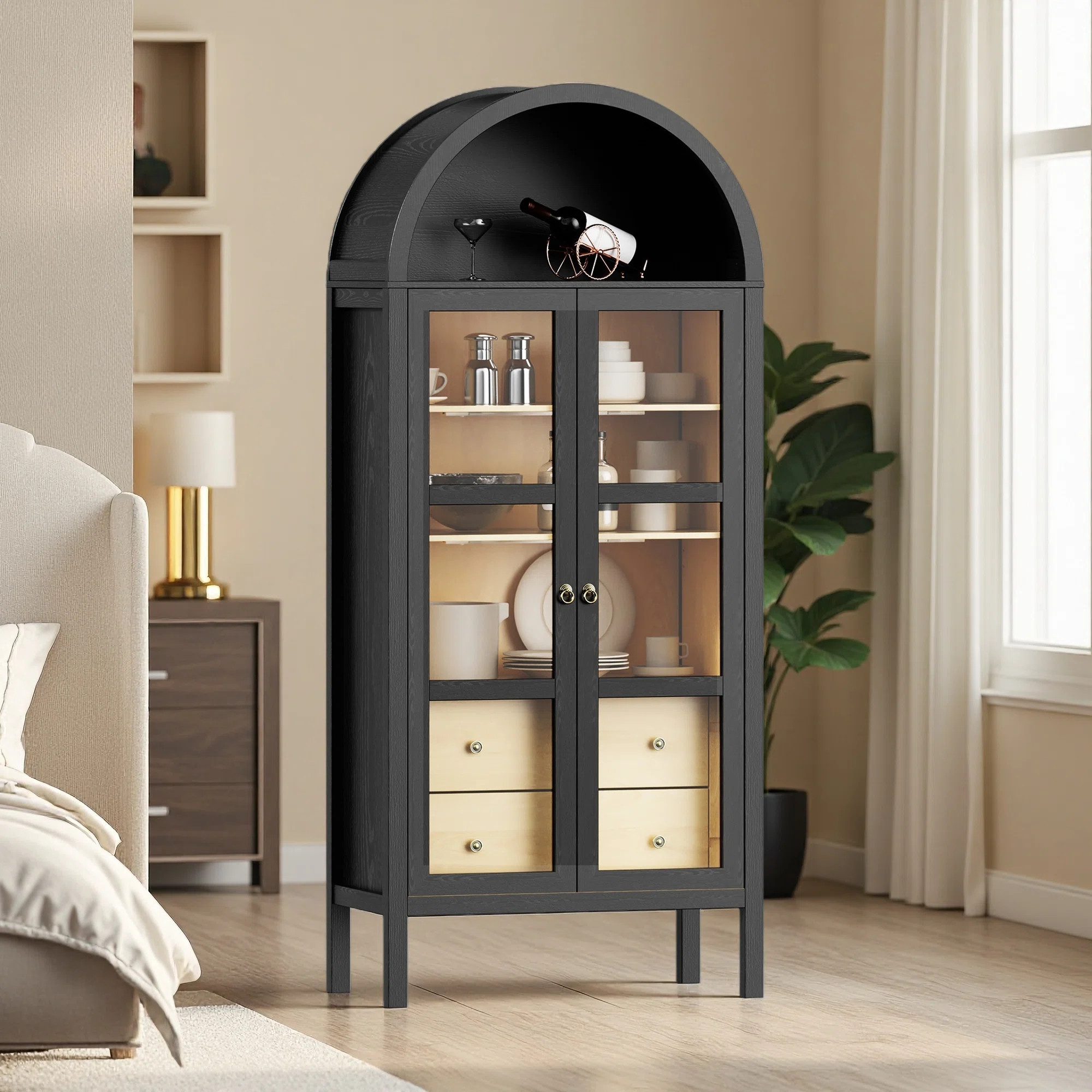 Modern Arched Cabinet With Glass Doors,72" Tall Auto Sensor Light Farmhouse Arch Storage Cabinet ... | Wayfair North America