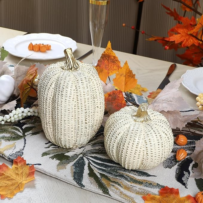 winemama 2 Pack White Pumpkins Elegant Fall Decor, Mini Resin Pumpkins Thanksgiving Decorations, ... | Amazon (US)