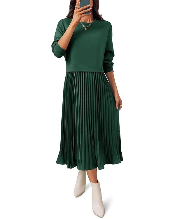 Wenrine Womens Sweatshirt Dress Casual Patchwork Long Sleeve Crewneck Pleated Fall Maxi Dresses | Amazon (US)