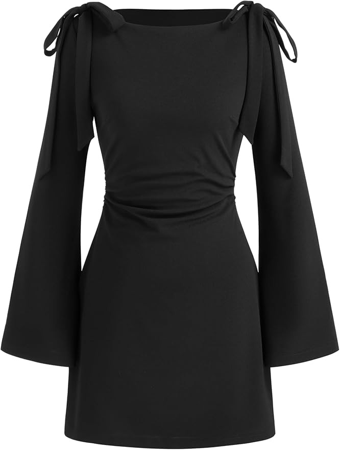 CIDER Bow Ruched Mini Dress for Women Boat Neck Long Sleeve Bodycon Party Cocktail Dresses | Amazon (US)