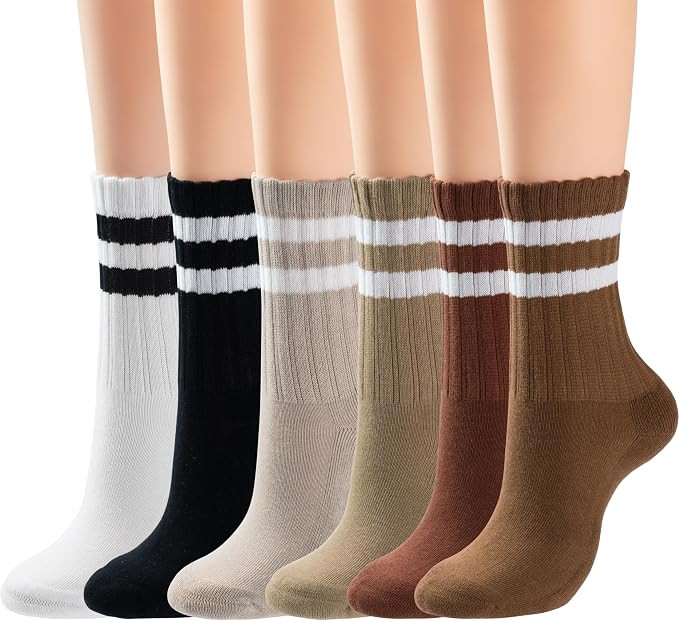 Womens Striped Crew Socks - Retro Above Ankle Cotton Sock - Casual Cozy Athletic Style Socks Gift... | Amazon (US)