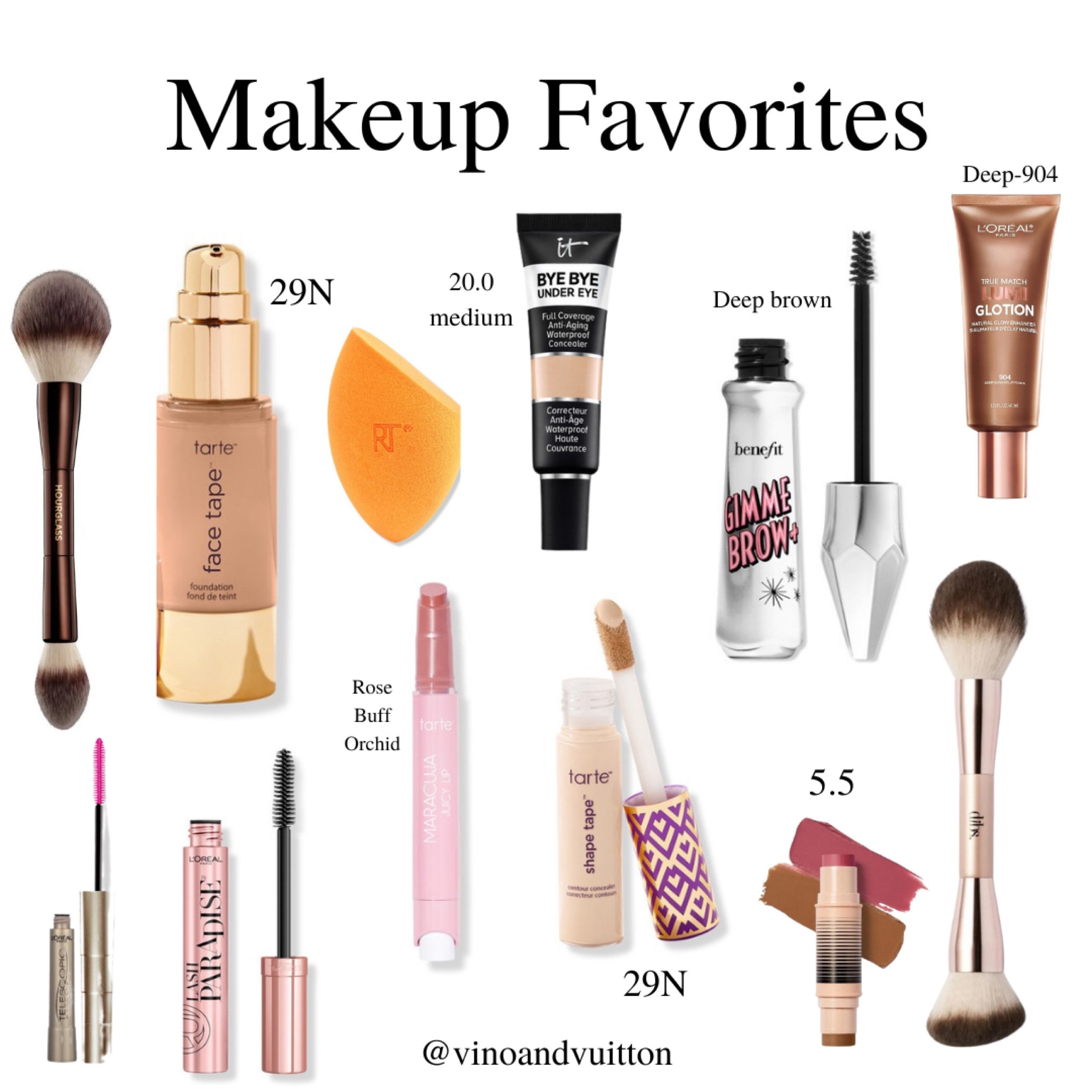 Makeup favorites💄💋

Tarte beauty:
Face tape foundation- 29n
Concealer -29N
Maracuja juicy lips- rose, buff and orchid
Benefit brow gel- deep brown
Dibs beauty contour stick—5.5
Makeup brushes
L’oreal mascara(lash paradise and telescopic - blackest black)
Beauty blender
Lumi lotion- deep (drunk elephant dupe)



#LTKfindsunder100 #LTKsalealert #LTKbeauty