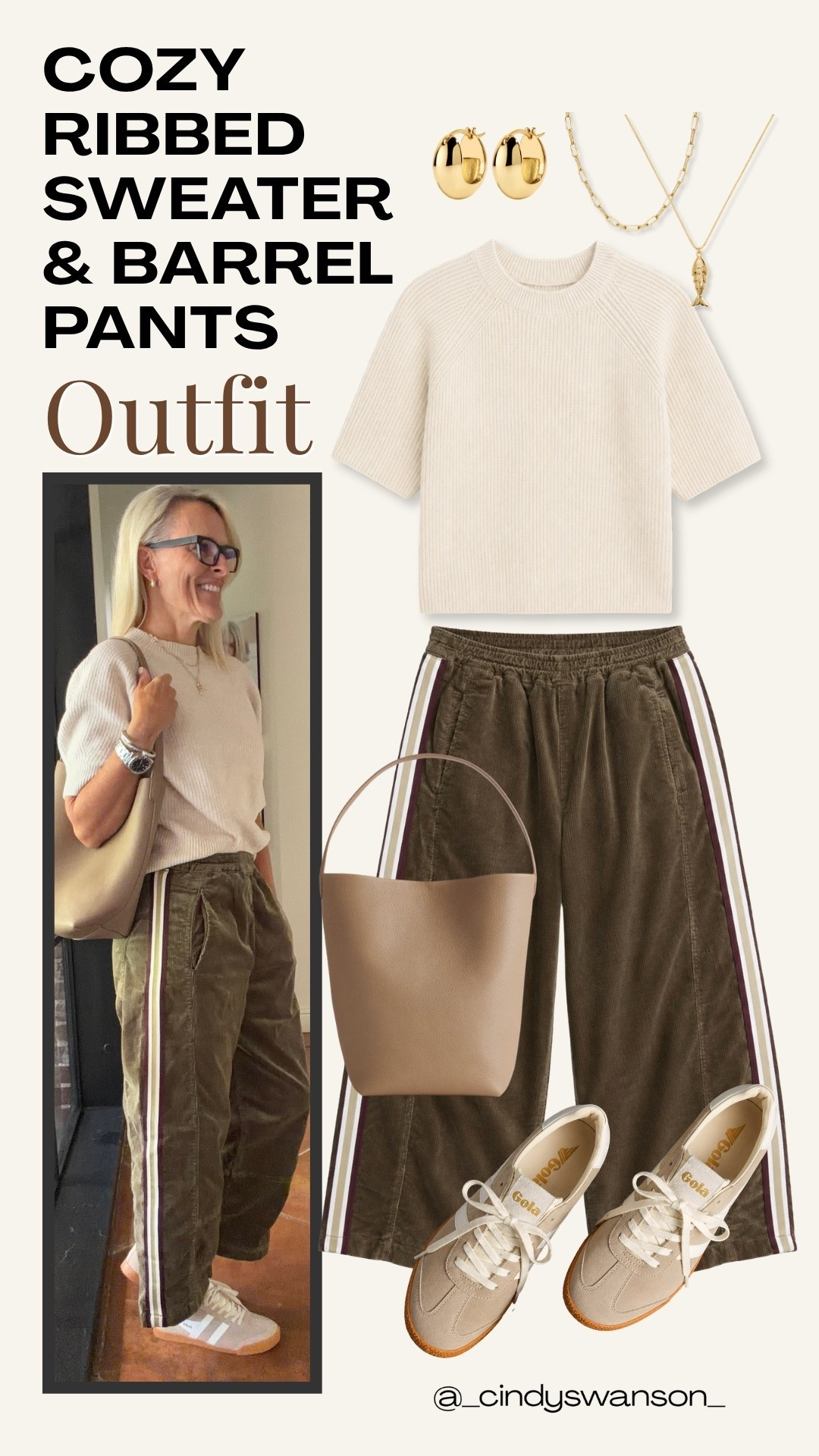This cozy ribbed sweater and relaxed barrel pants are such an easy combination for everyday style. I love the soft neutral sweater with the rich olive-brown pants and sporty side stripe—comfortable, polished, and easy to finish with sneakers and a simple tote.

💡 LTK MADE EASY
❤️ Heart = Support my posts!
🔖 Save = Get sale & restock alerts
📋 Lists = Keep favorites organized
📲 Share = Send lists and products to a friend. Hello, Christmas List!
💬 Comment = Ask me anything about what I’m wearing.:-)

#LTKootd #LTKOver40 #LTKTravel