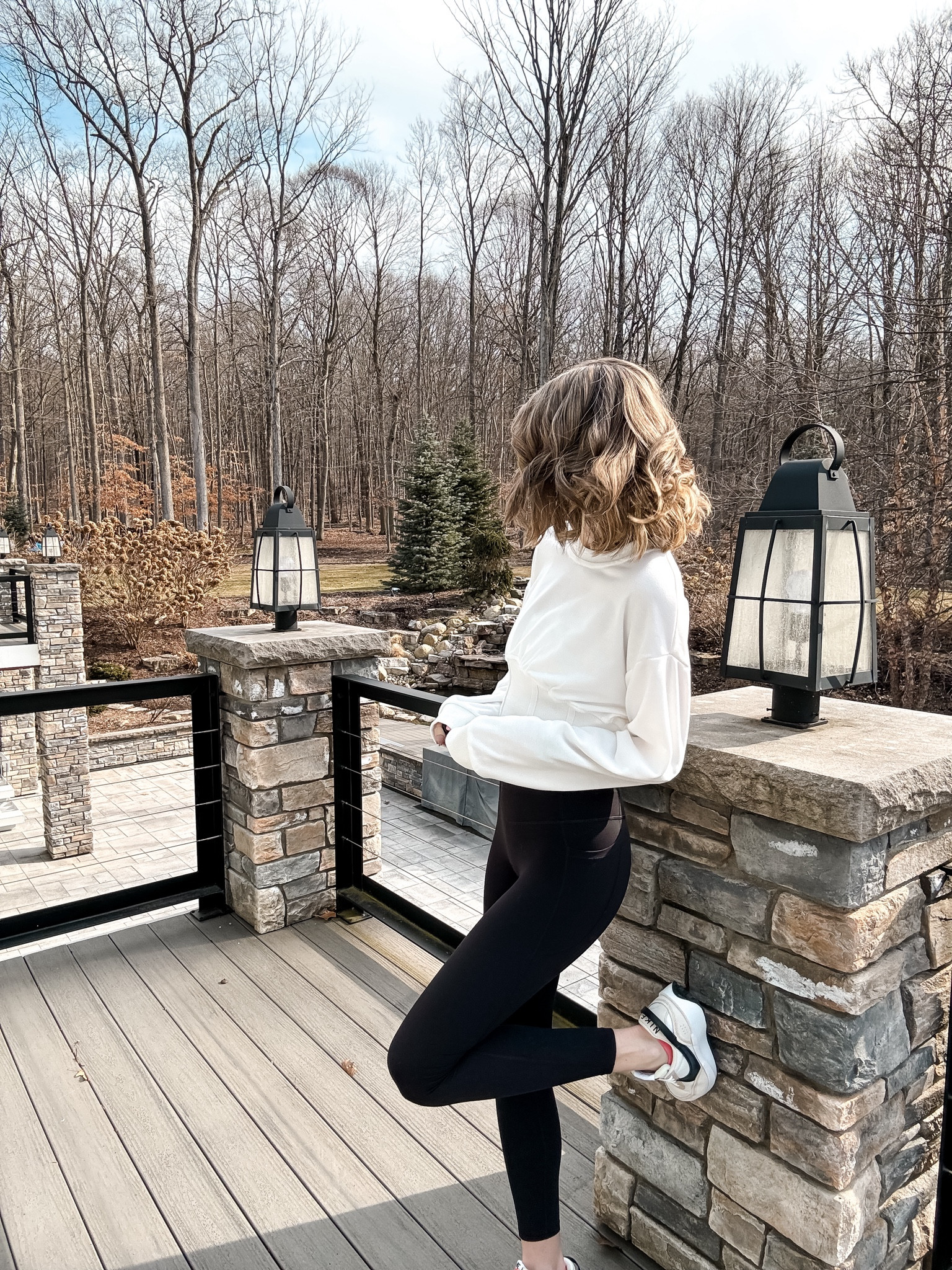 Halara corset sweatshirt and black leggings outfits with Nikes