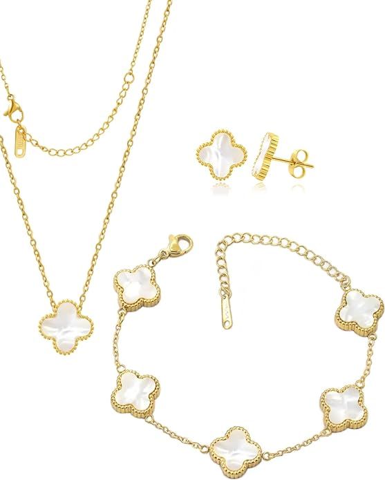 3 Pieces Four Leaf Lucky Clover Jewelry Set, Pendant Necklace, Earrings, Bracelet for Women, Girl... | Amazon (US)
