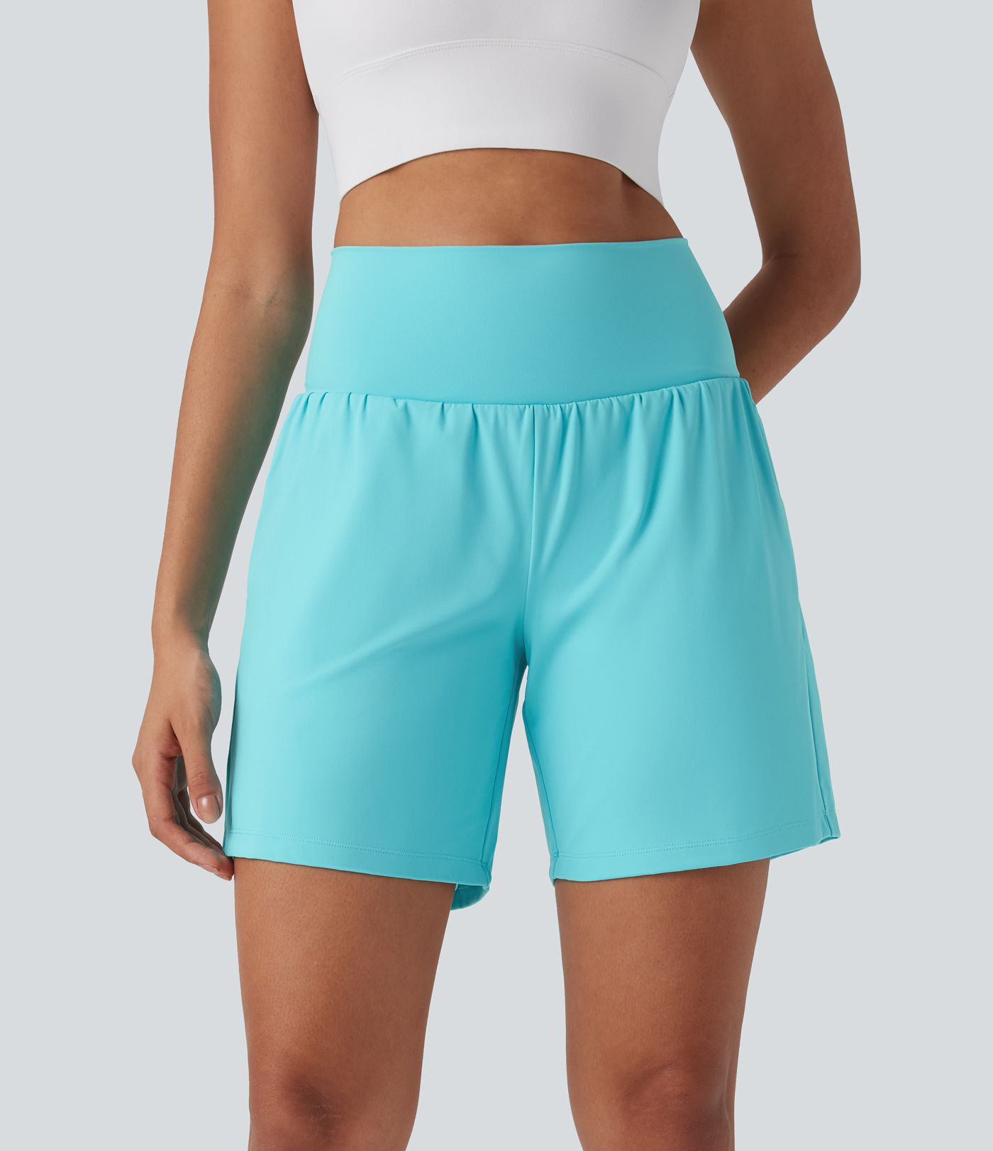 SoftlyZero\u2122 Airy Super High Waisted 2-in-1 Cool Touch Yoga Shorts 7" with Pockets | HALARA