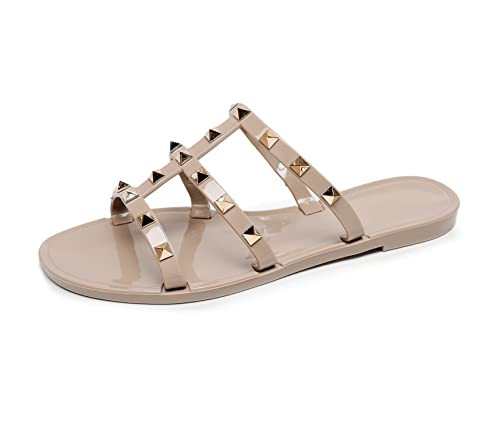 Women Flats Sandals, Studded Jelly Shoes Size 9 Red Dressy Summer Beach Rivets Strappy Jellies Sl... | Amazon (US)