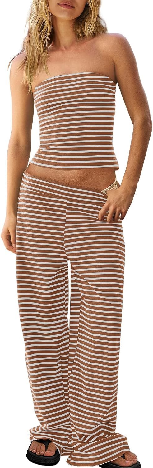 Panadila Womens Striped Lounge Set Tube Top and Pant Set | Amazon (US)