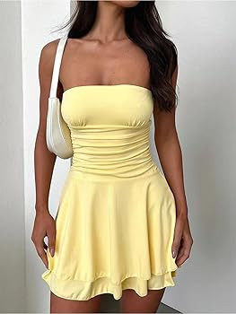 YBSKG Women Sexy Tube Top Silk Dress Strapless Ruched Waist Ruffle Tiered Layer Mini Dress Party ... | Amazon (US)