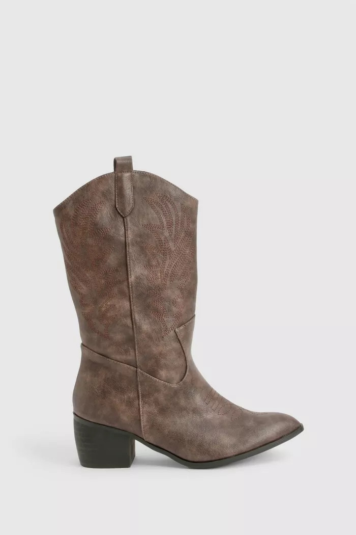 Wide Fit Vintage Look Tab Detail Ankle Cowboy Western Boots | Boohoo.com (UK & IE)