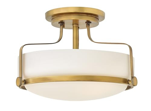 Hinkley Harper Medium Semi-Flush Mount Ceiling Light for Kitchen, Bedroom, Bathroom, and Hallway, Sleek, Retro Style Heritage Brass and Etched Opal Glass | Amazon (US)