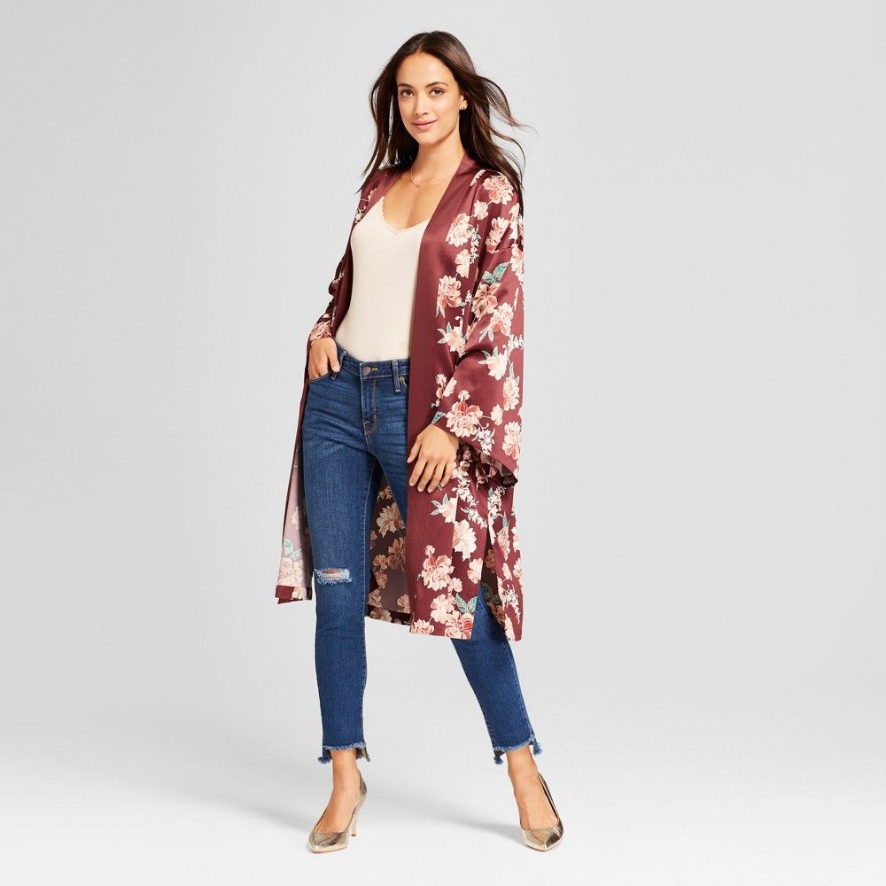 Women's Floral Duster Kimono Jacket - A New Day Burgundy S, Red | Target